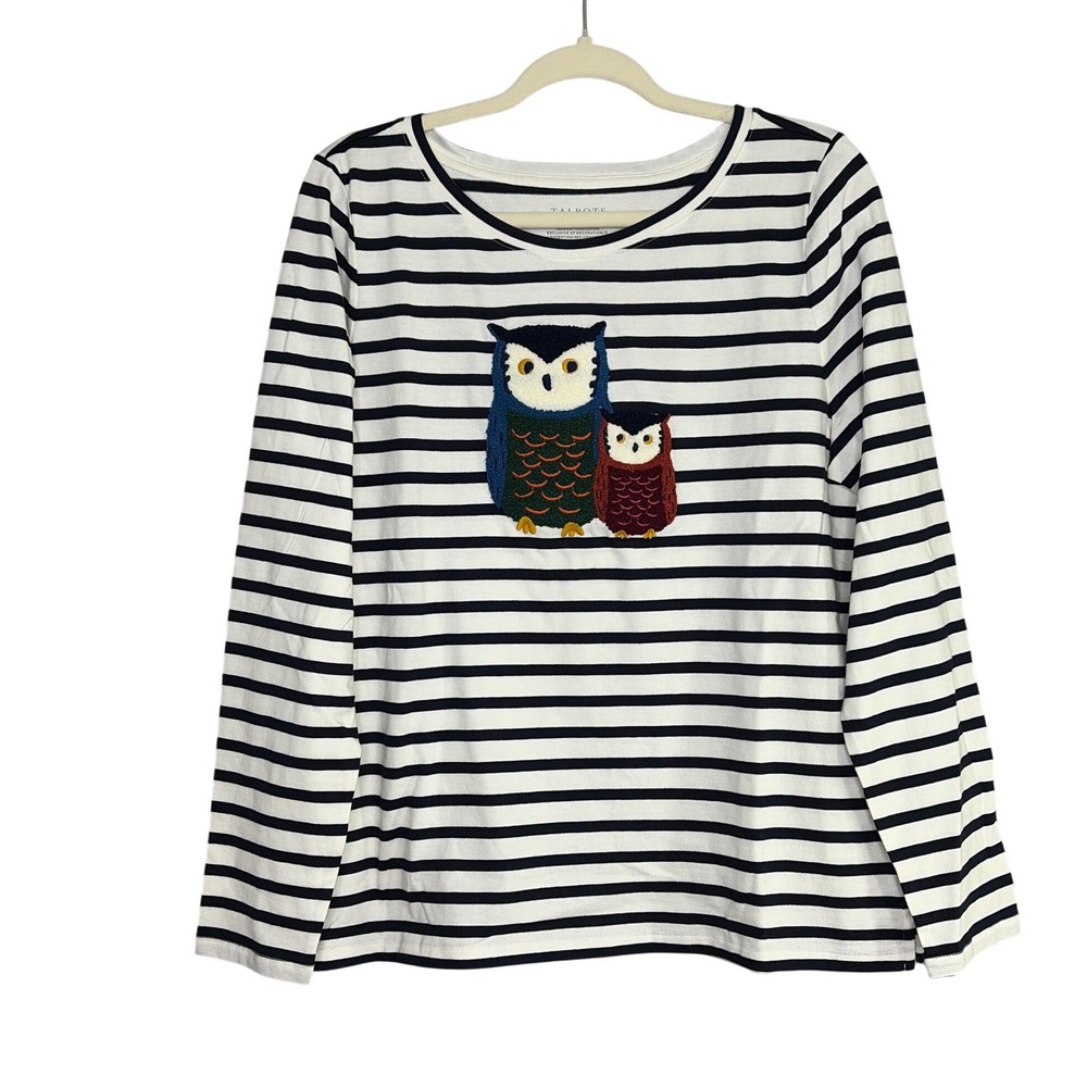 Talbots Women's Navy White Striped Owl Applique Cotton Long Sleeve Top L NEW - Picture 1 of 9